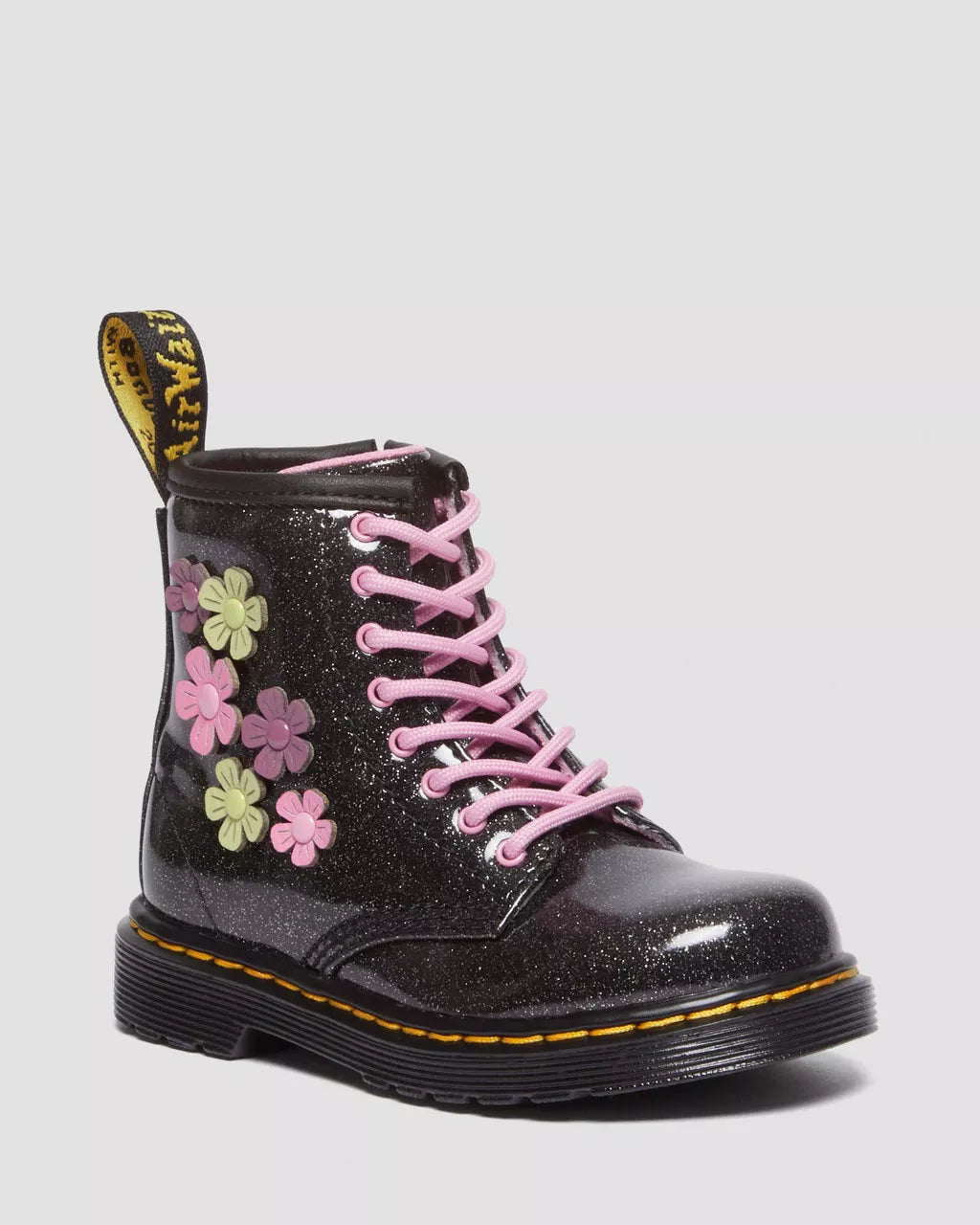 DR MARTENS Toddler 1460 Glitter &amp; Flower Applique Lace Up Boots