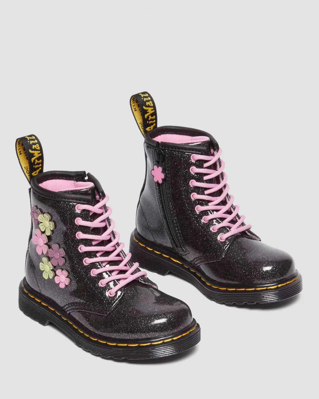 DR MARTENS Toddler 1460 Glitter &amp; Flower Applique Lace Up Boots