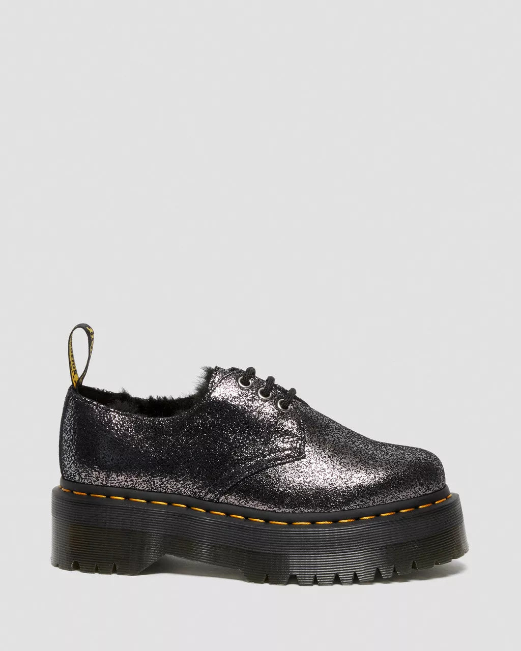 DR MARTENS 1461 Faux Fur-Lined Metallic Leather Platform Shoes