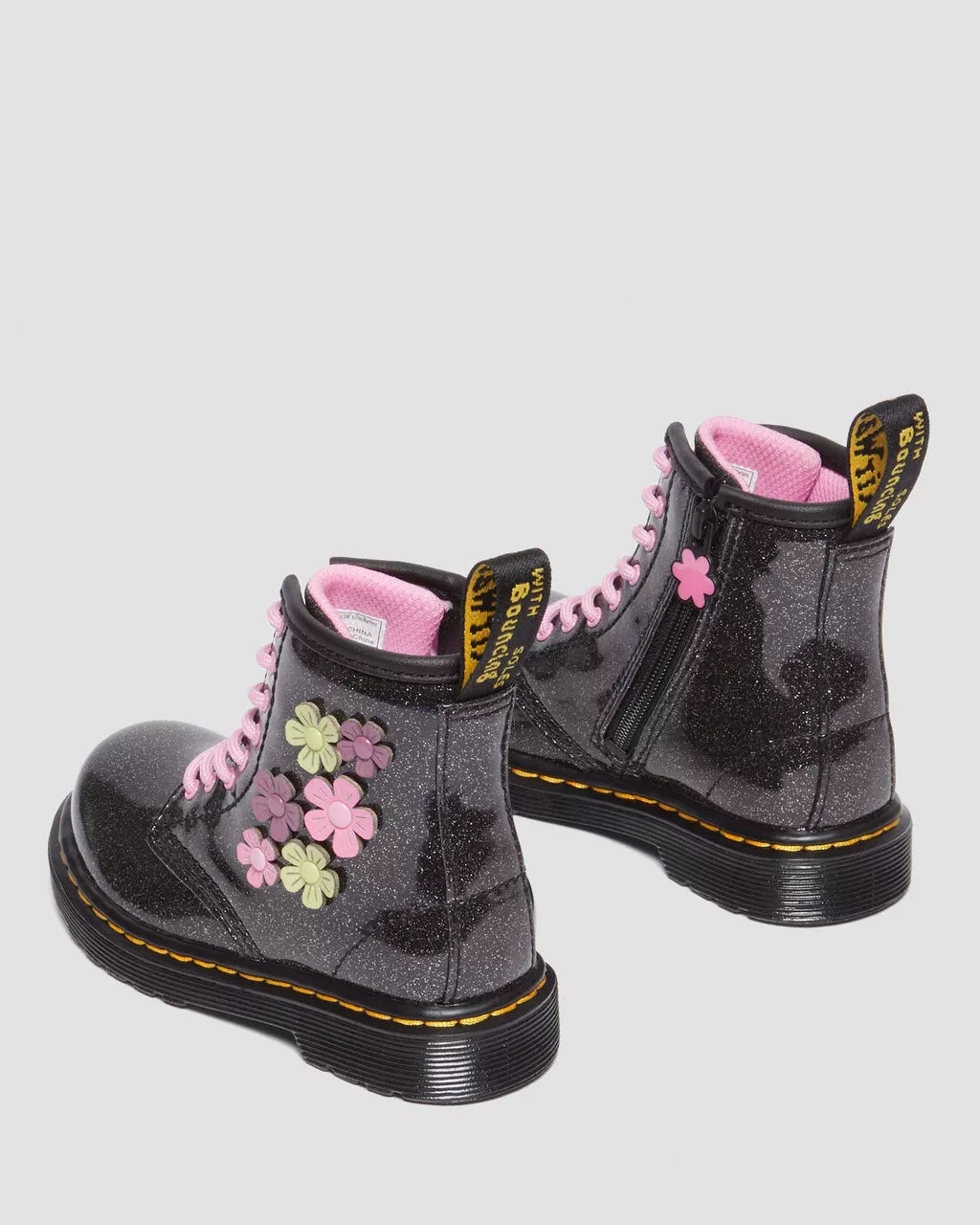 DR MARTENS Toddler 1460 Glitter &amp; Flower Applique Lace Up Boots