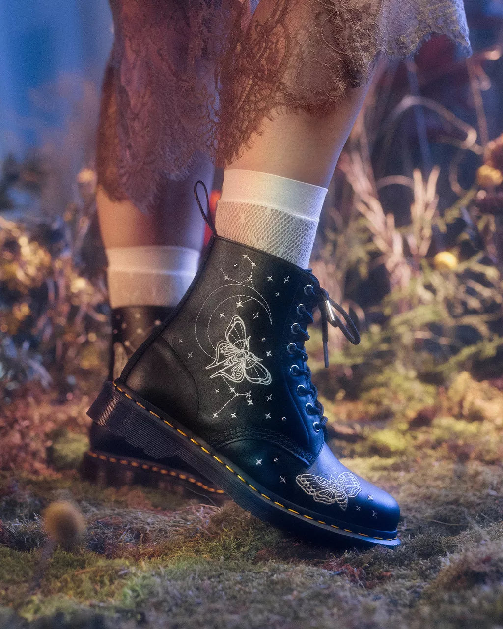 DR MARTENS 1460 CELESTIAL MOTH EMBROIDERED LACE UP BOOTS
