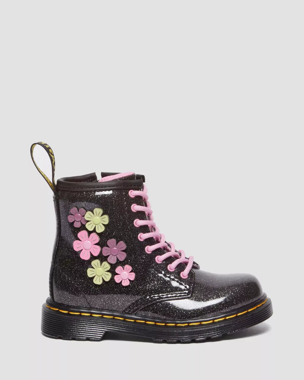 DR MARTENS Toddler 1460 Glitter &amp; Flower Applique Lace Up Boots